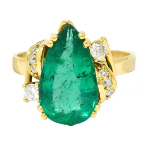 1960's Vintage 3.06 CTW Brazilian Emerald Diamond 18 Karat Yellow Gold Gemstone Ring GIA