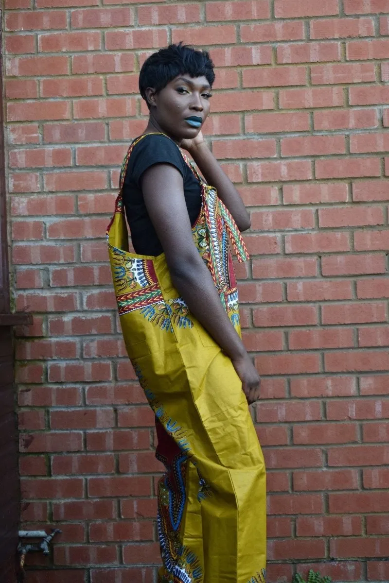 African Dungarees in Brown Dashiki Print - Festival Dungarees