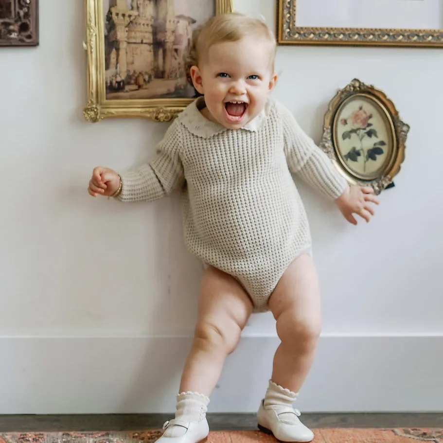 Analogie by Lil Legs Natural Pointelle Collar Knit Romper