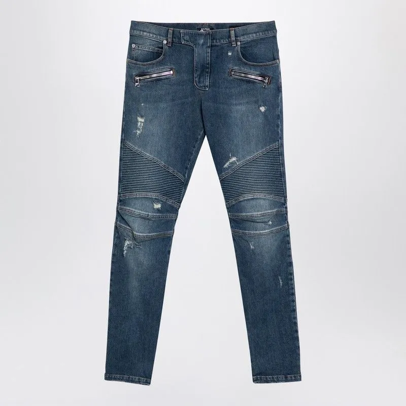 BALMAIN Men's Slim-Fit Biker Denim Jeans with Zipped Ankles