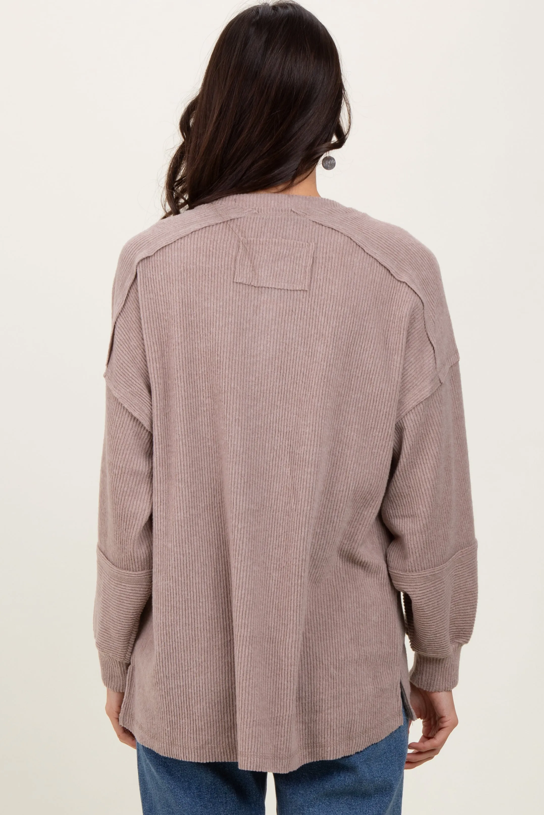 Beige Oversized Ribbed Knit Henley Sweater