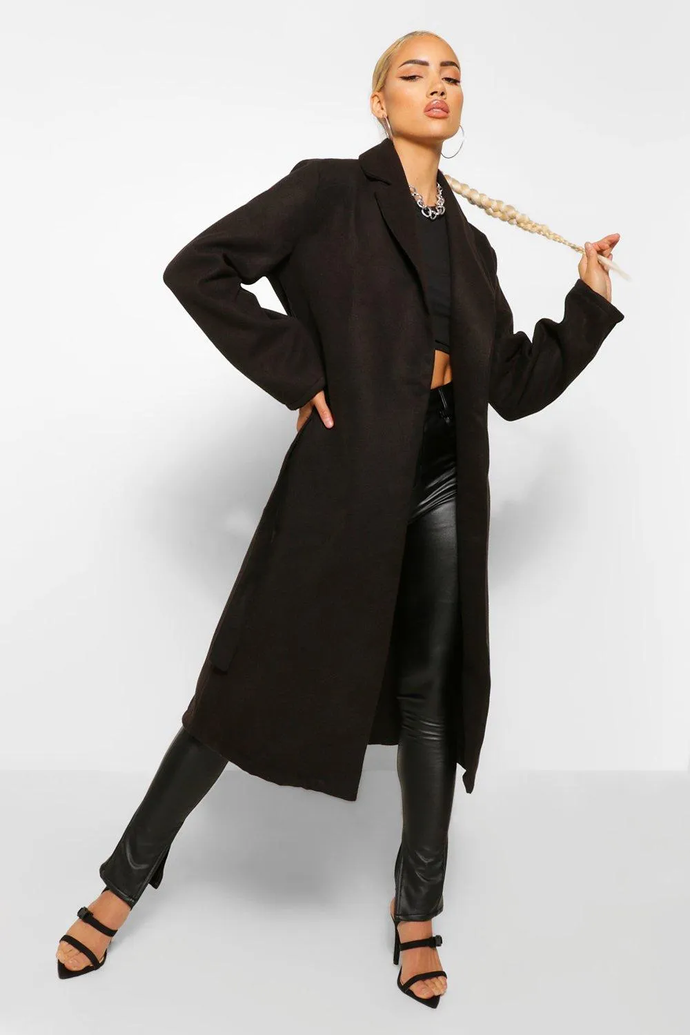 Belted Longline Wool Look Coat