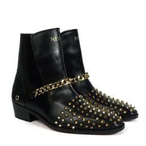 Bespoke Cuban Heel Boot with Golden Finish Spikes & Removable Chain Strap