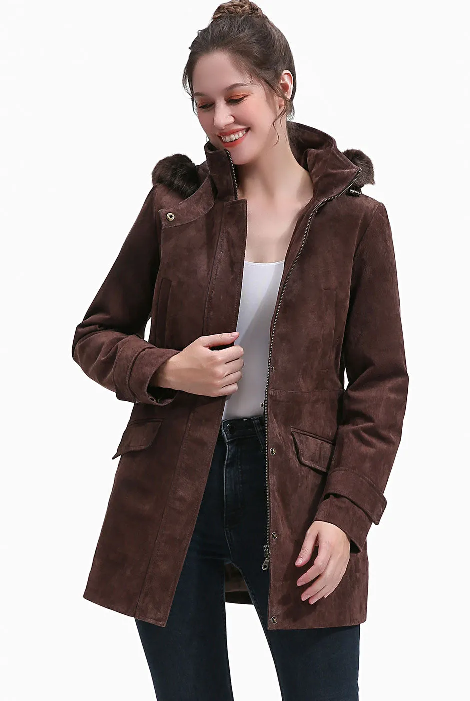 BGSD Women Della Hooded Suede Leather Parka Coat