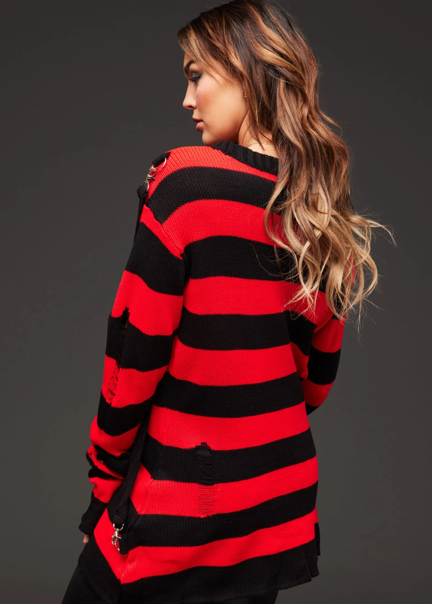 Black and Red Striped Oversized Knit Sweater with Straps and Buckles