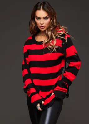 Black and Red Striped Oversized Knit Sweater with Straps and Buckles