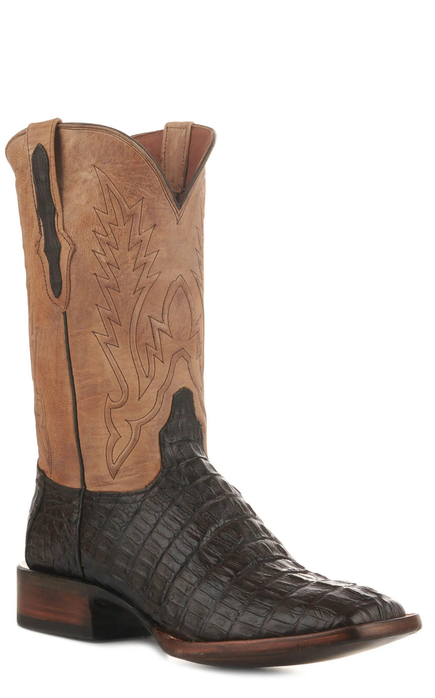 Black Jack Men's Tan Maddog and Chocolate Caiman Tail Square Toe Exotic Cowboy Boots