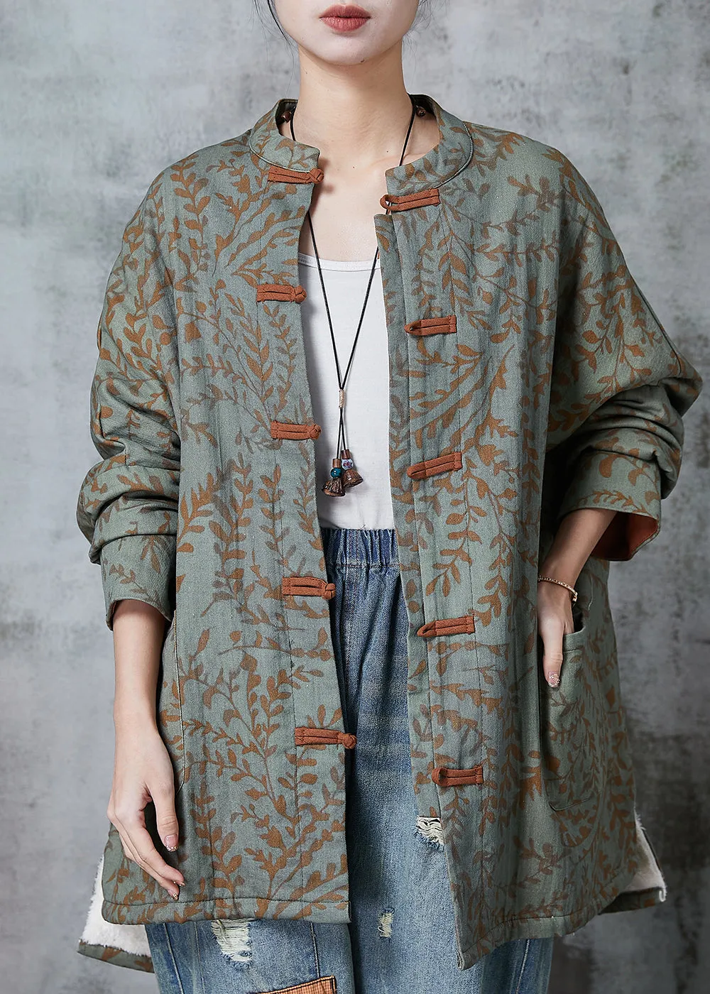 Boho Green Oversized Print Cotton Oriental Coat Spring