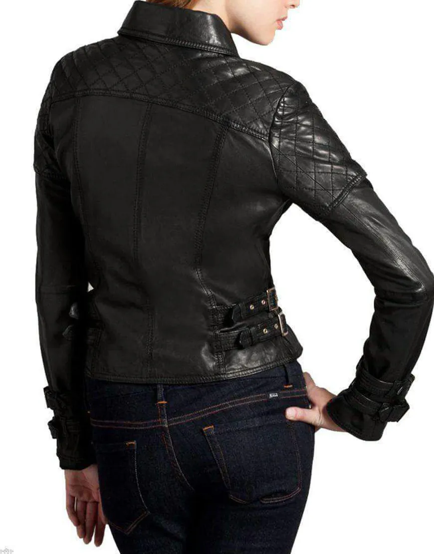 Buckle Straps Cropped Womens Black Leather Biker Jacket - UJackets