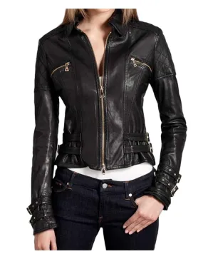 Buckle Straps Cropped Womens Black Leather Biker Jacket - UJackets