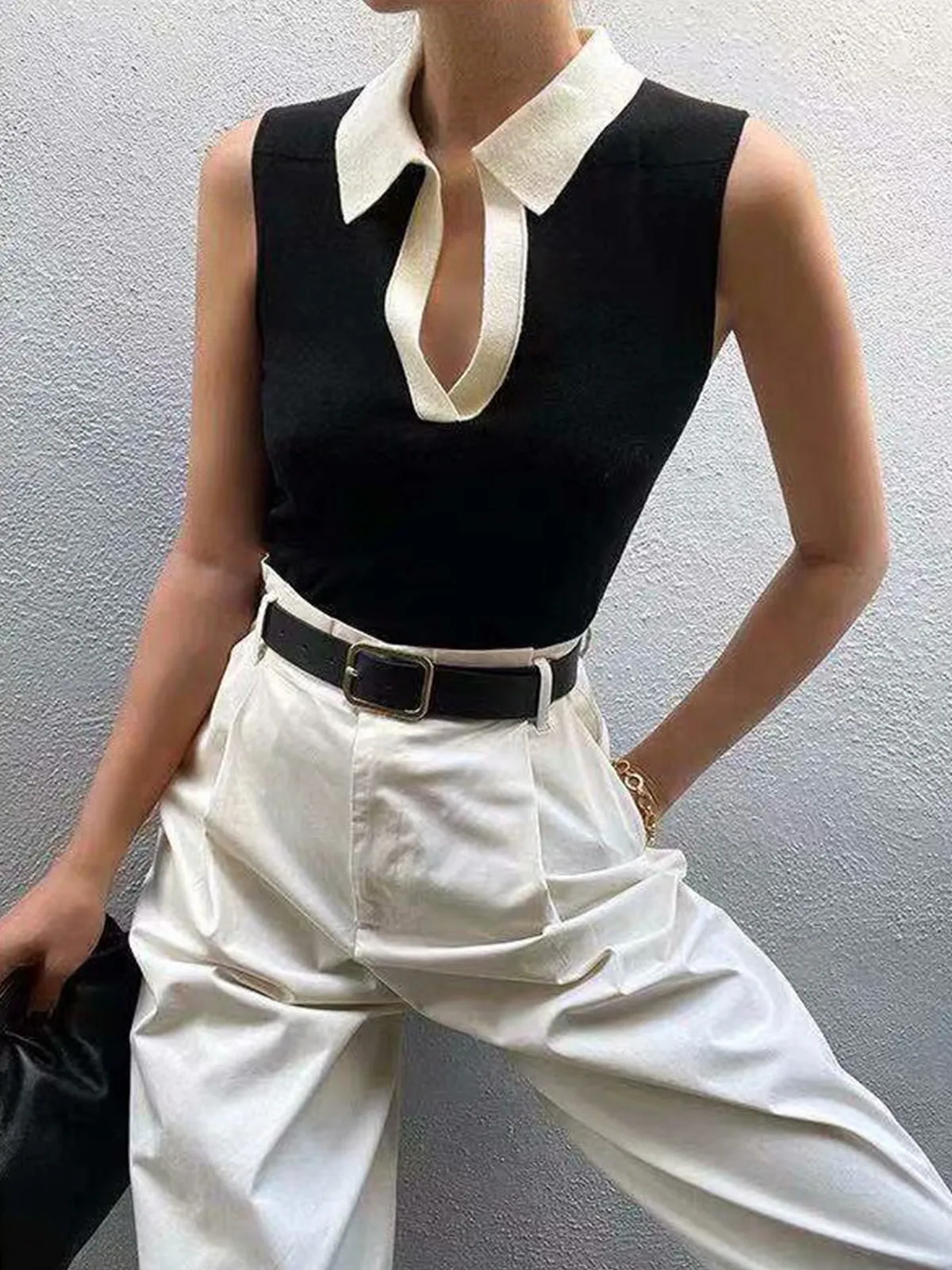 Contrast Trim Collar V-neck Knit Sweater Vest