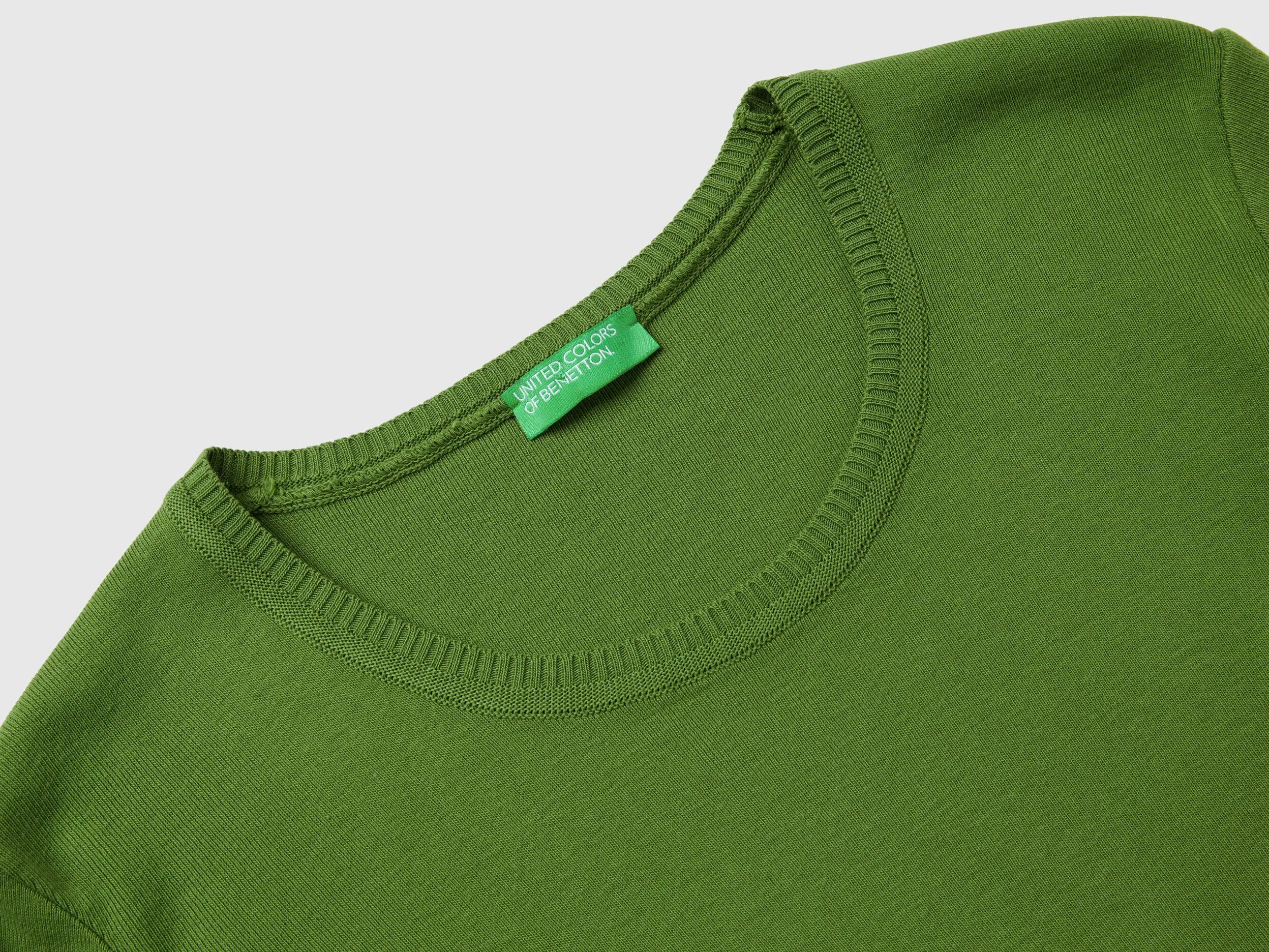 Crew neck sweater in pure cotton - Military Green | Benetton