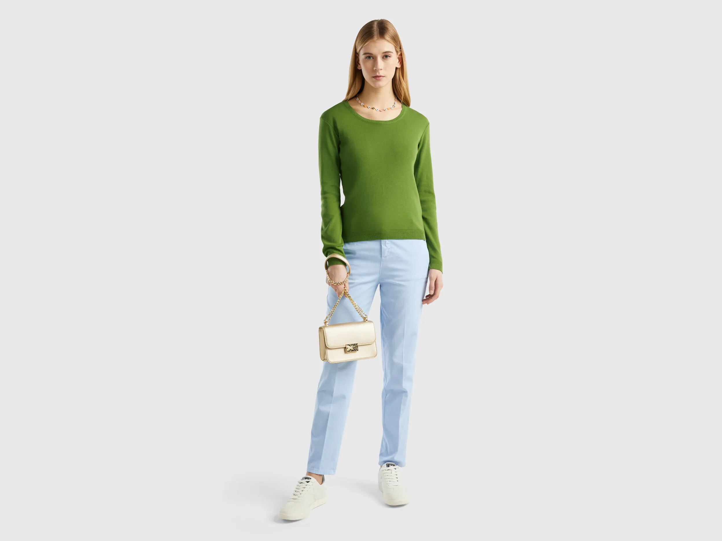 Crew neck sweater in pure cotton - Military Green | Benetton