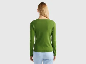 Crew neck sweater in pure cotton - Military Green | Benetton