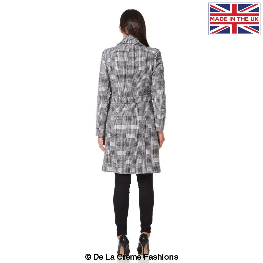 De La Creme - Womens Prince Of Wales Check Large Lapel Duster Coat