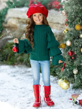 Deck The Halls Tiered Sleeve Cable Knit Sweater