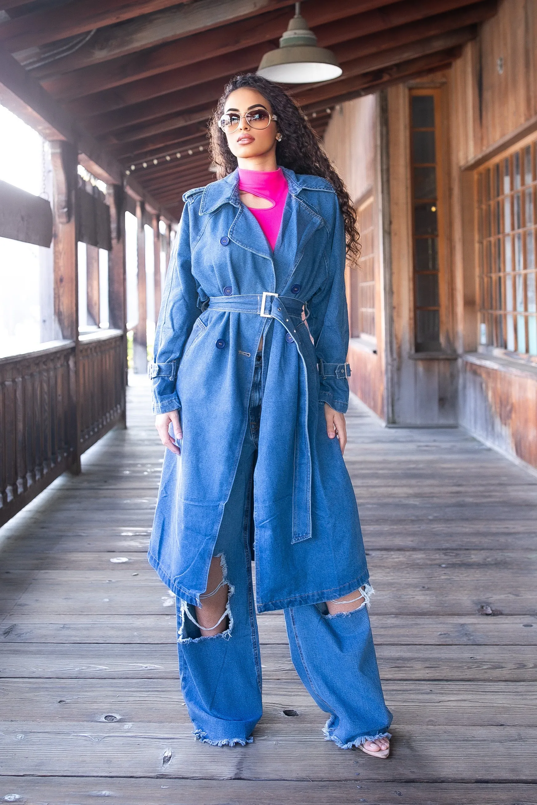 Denim Double Breasted Trench Coat