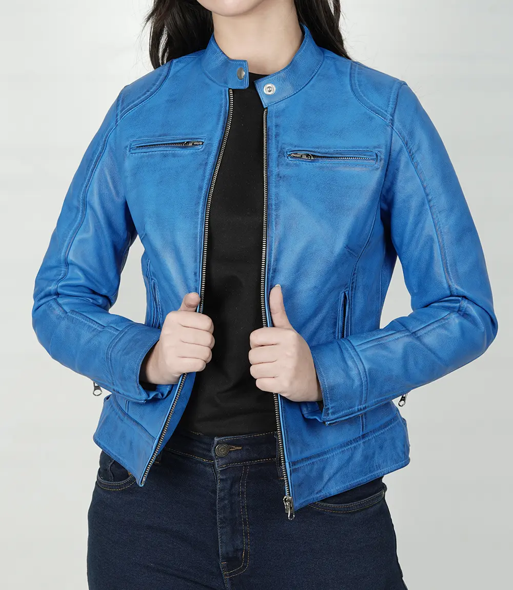 Dodge Sky Blue Women's Leather Biker Jacket