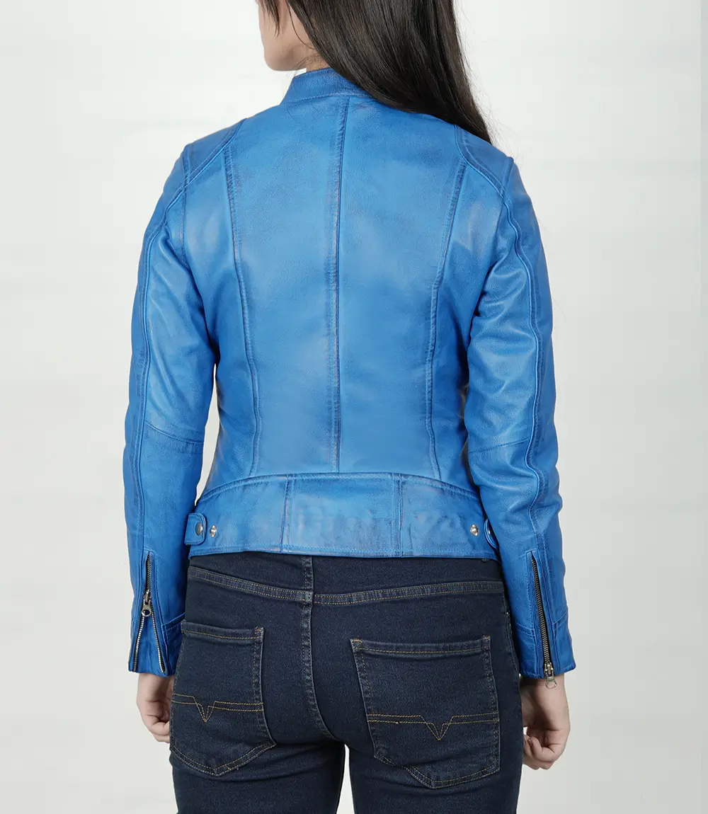 Dodge Sky Blue Women's Leather Biker Jacket