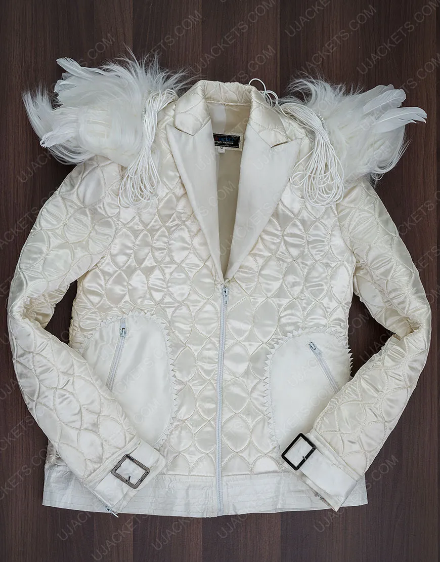 Elton John White Feathers Jacket | Elton John White Satin Bomber Jacket