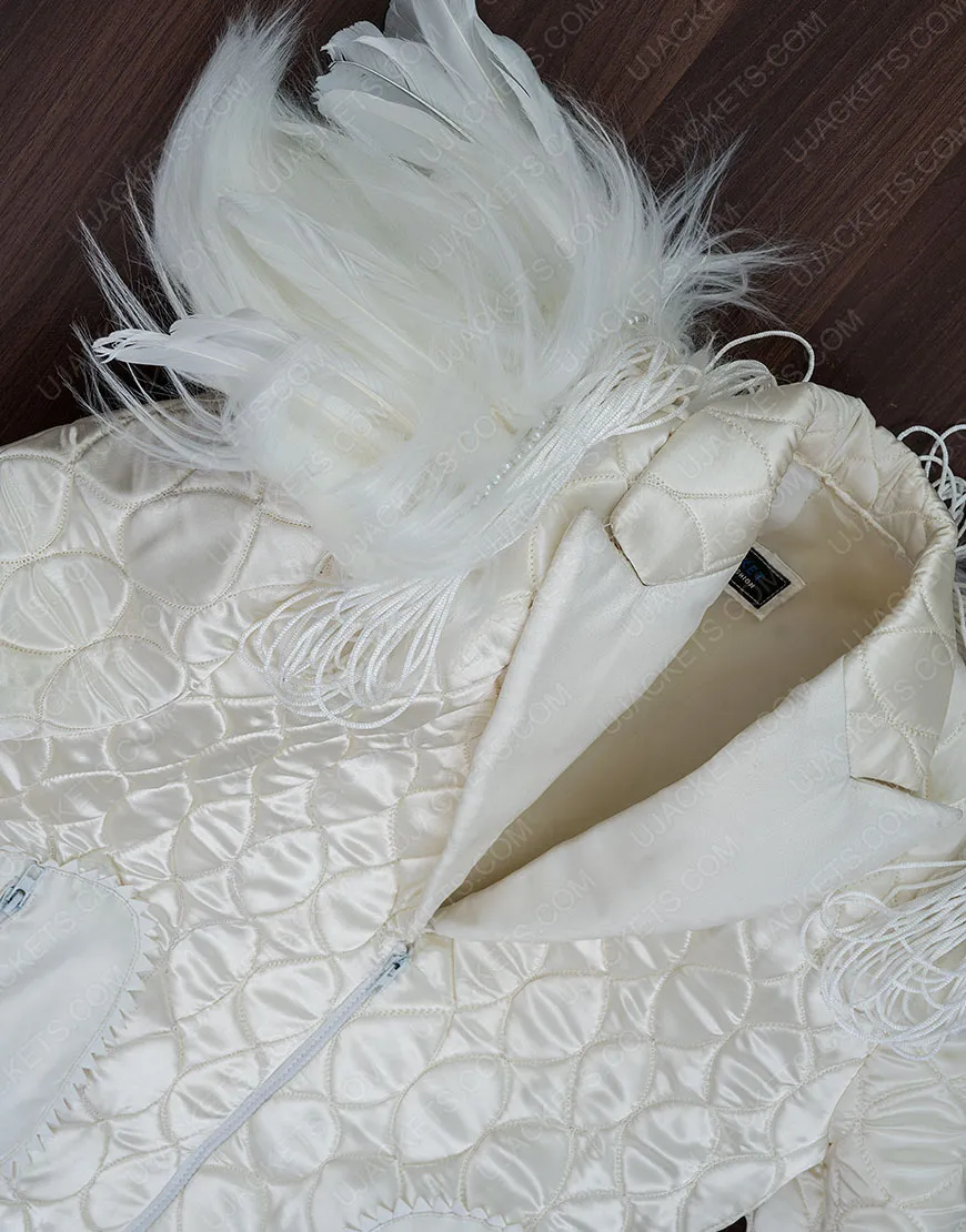 Elton John White Feathers Jacket | Elton John White Satin Bomber Jacket