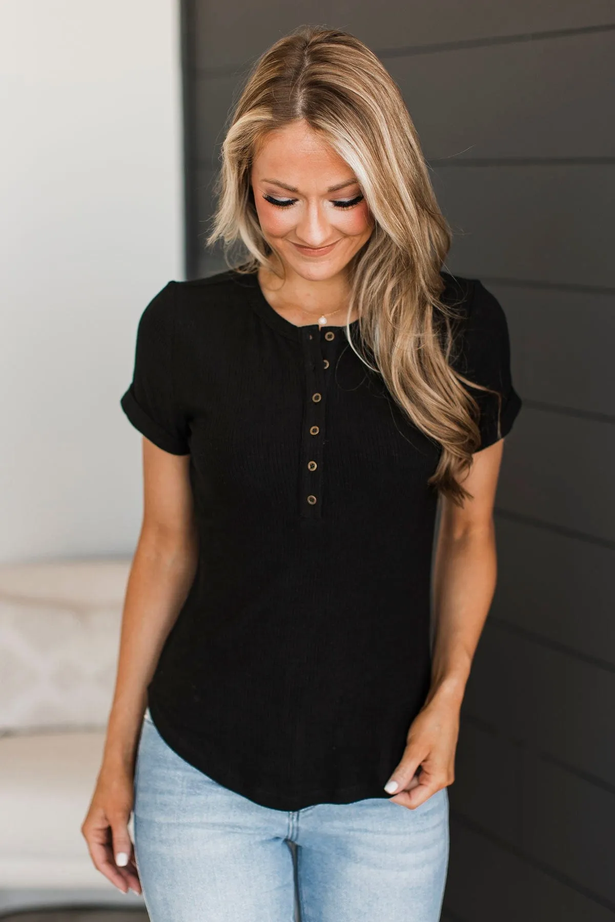 Every Effort Ribbed Knit Button Top- Black