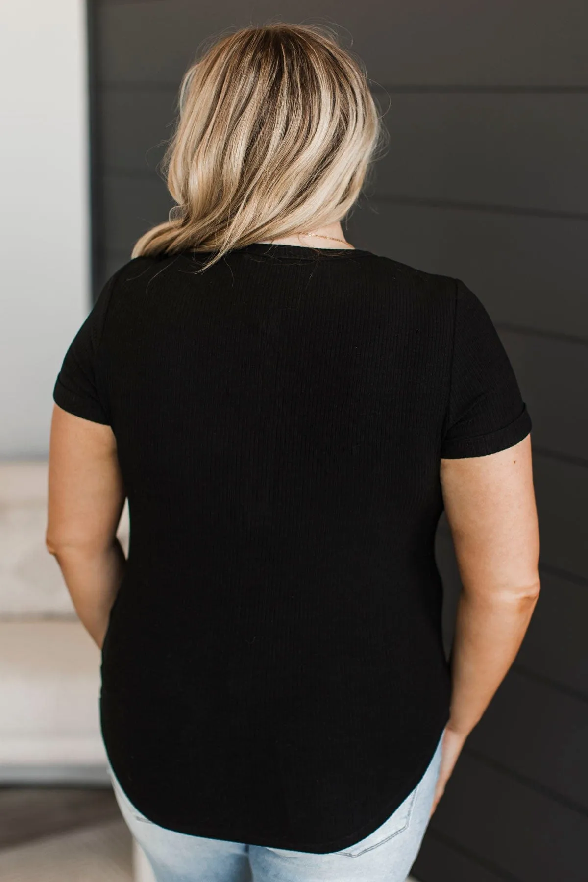 Every Effort Ribbed Knit Button Top- Black