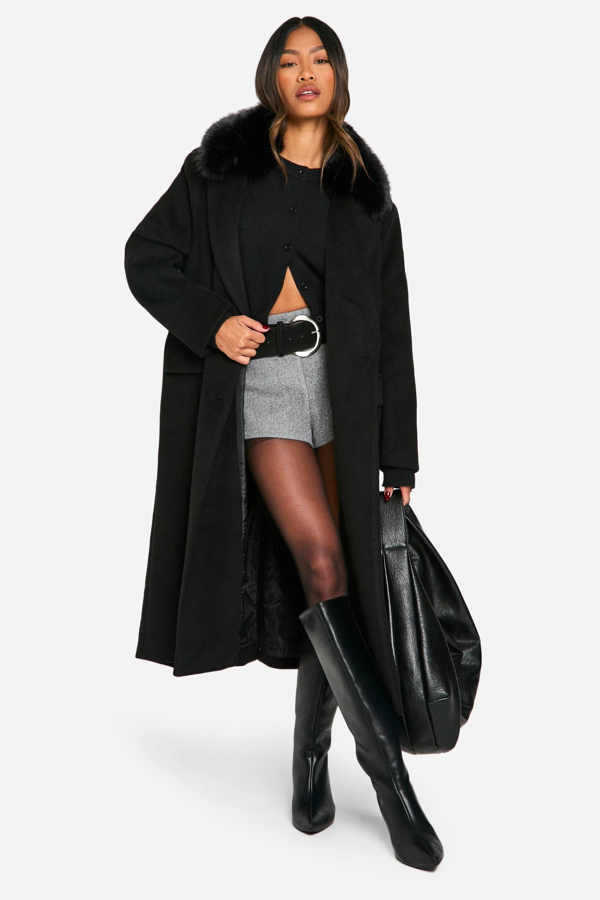 Faux Fur Trim Oversized Double Breasted Wool Look Coat