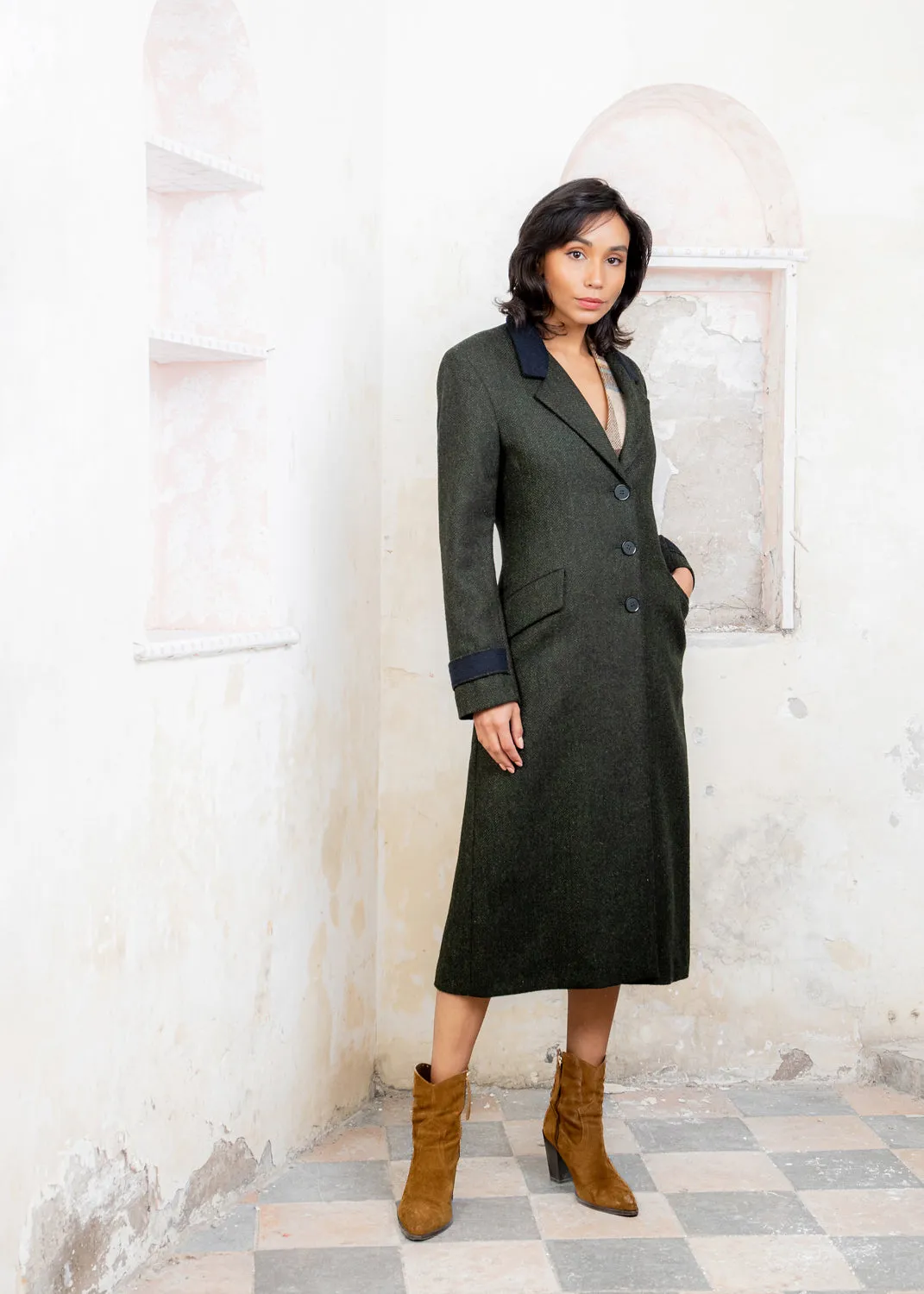 Fran Tweed Coat - Deep Green Herringbone