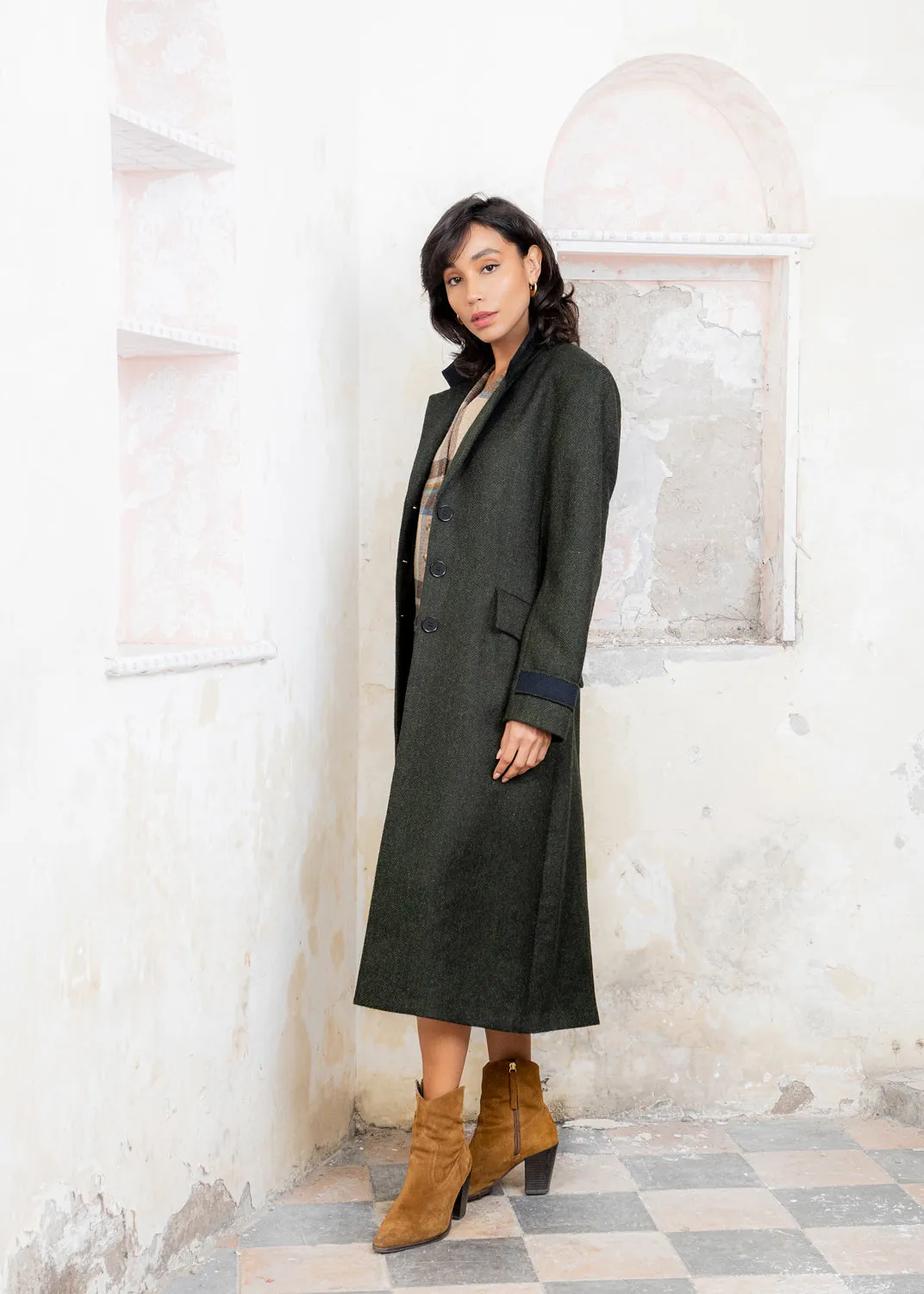 Fran Tweed Coat - Deep Green Herringbone