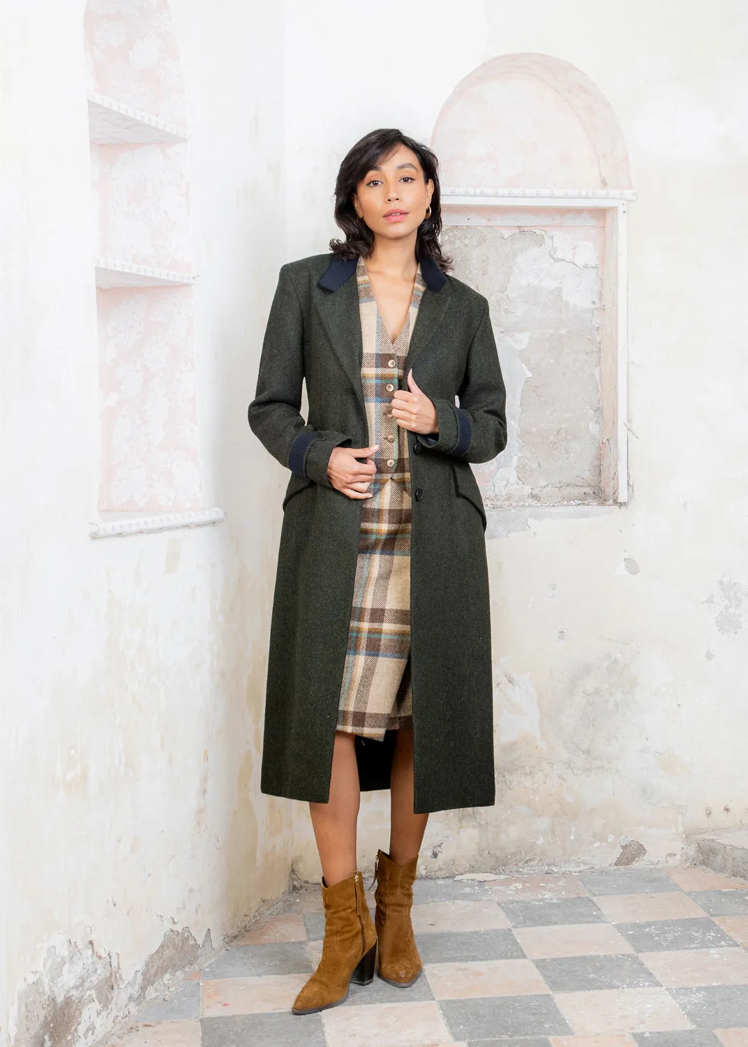 Fran Tweed Coat - Deep Green Herringbone