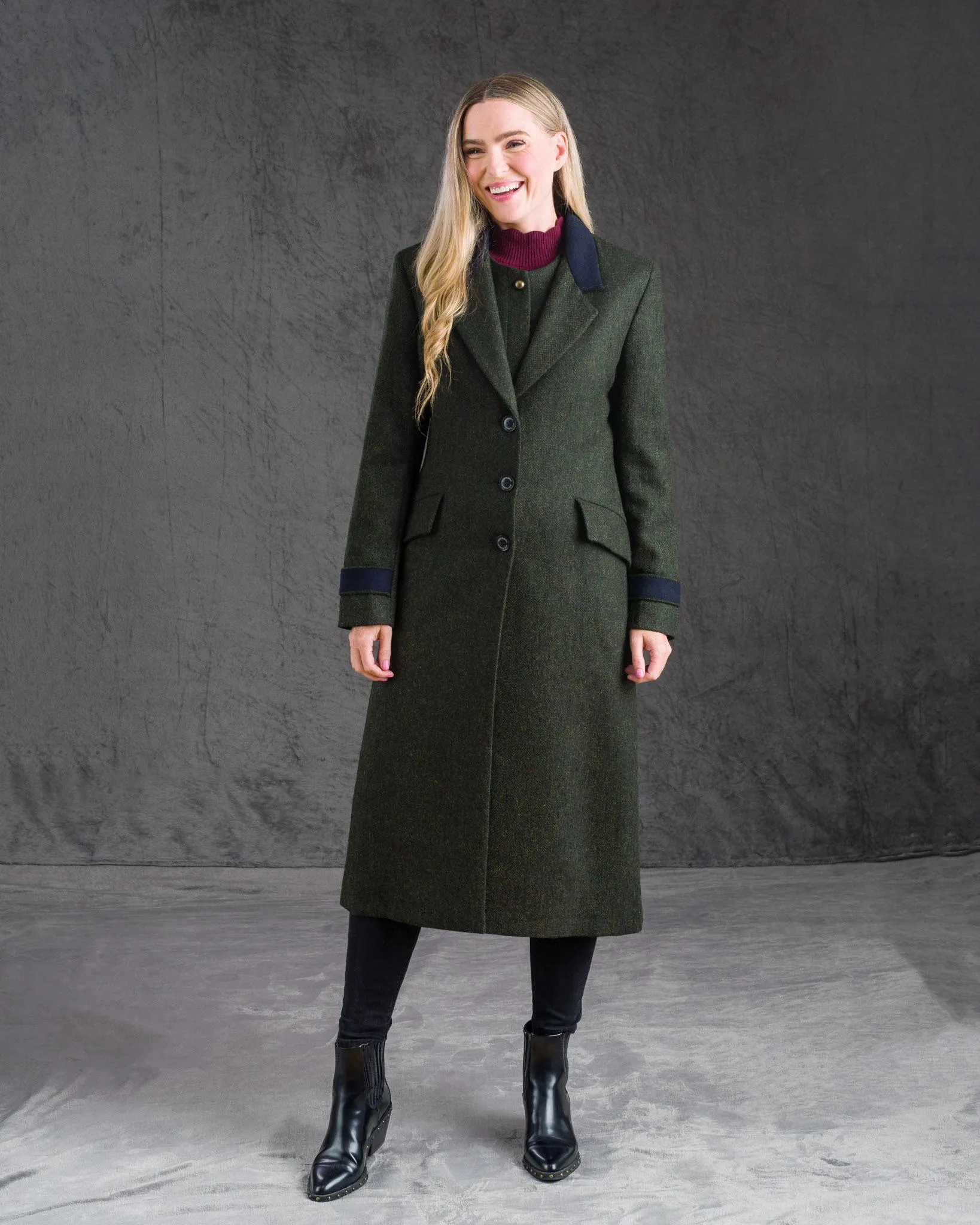 Fran Tweed Coat - Deep Green Herringbone