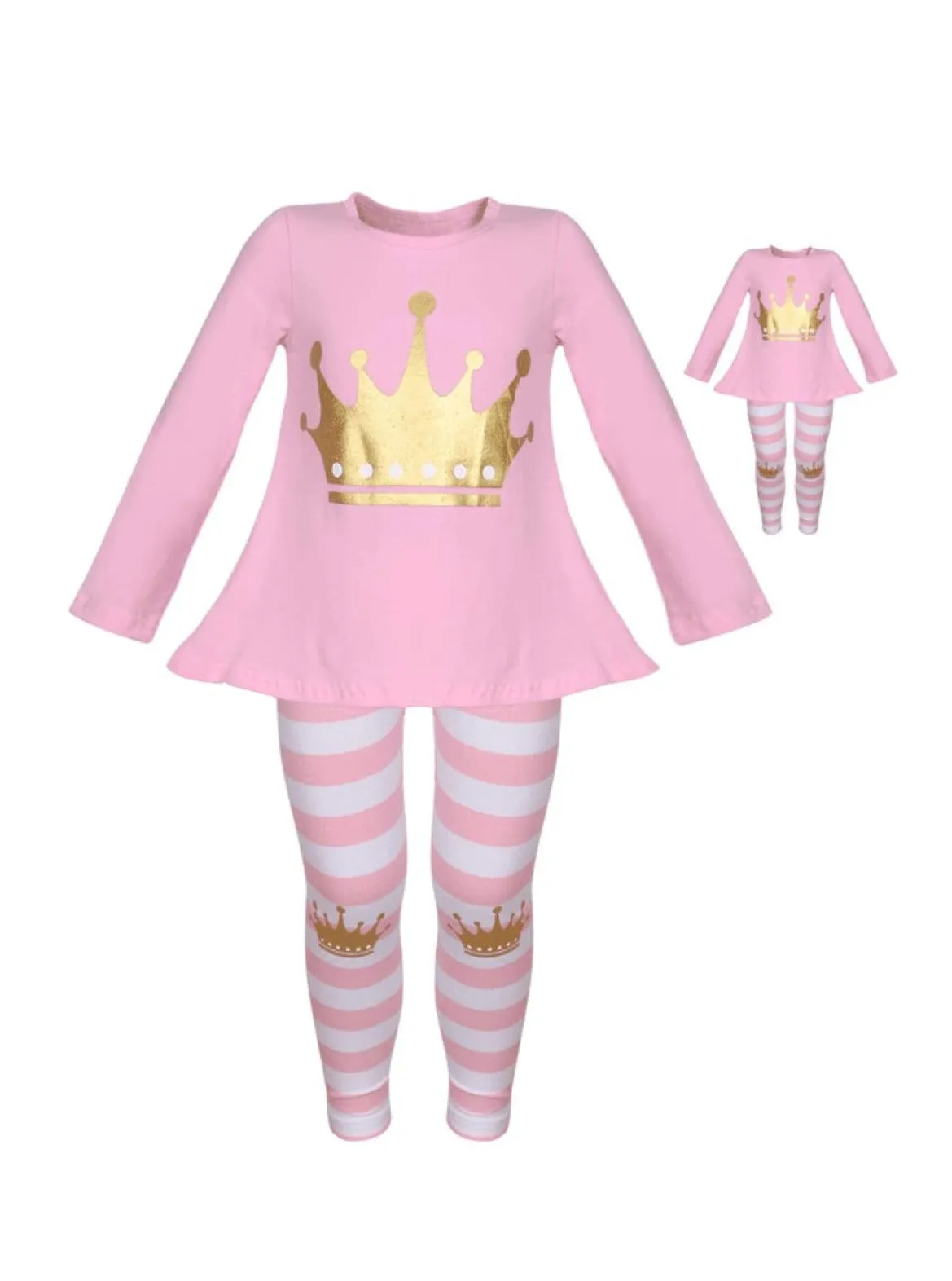 Girls Pink And White Long Sleeve Gold Crown Top And Striped Legging Set with Matching Doll Set