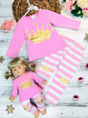 Girls Pink And White Long Sleeve Gold Crown Top And Striped Legging Set with Matching Doll Set