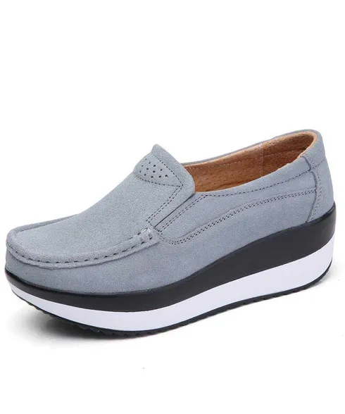 Grey suede slip on rocker bottom shoe sneaker