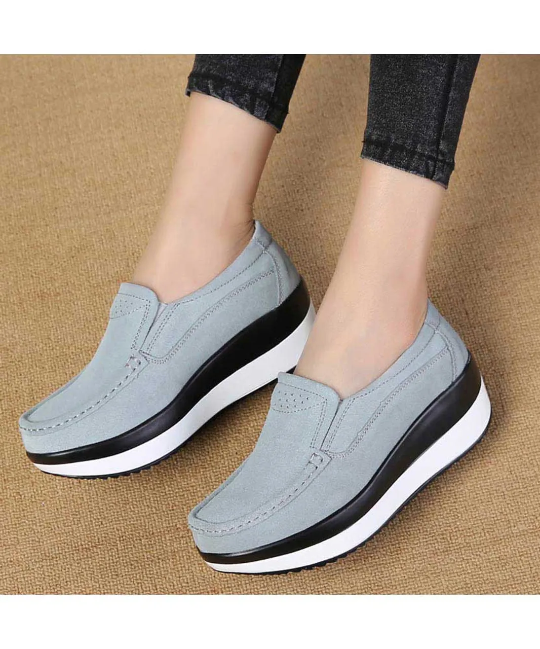 Grey suede slip on rocker bottom shoe sneaker