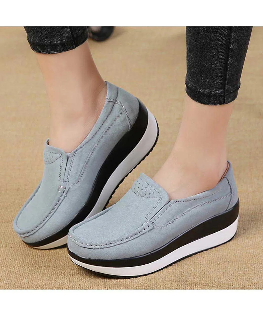 Grey suede slip on rocker bottom shoe sneaker