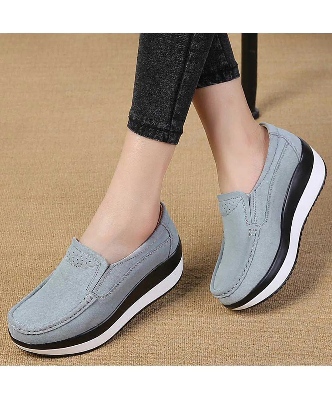 Grey suede slip on rocker bottom shoe sneaker