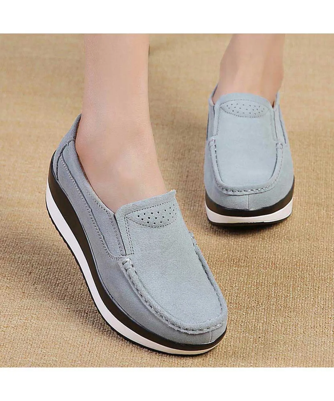 Grey suede slip on rocker bottom shoe sneaker