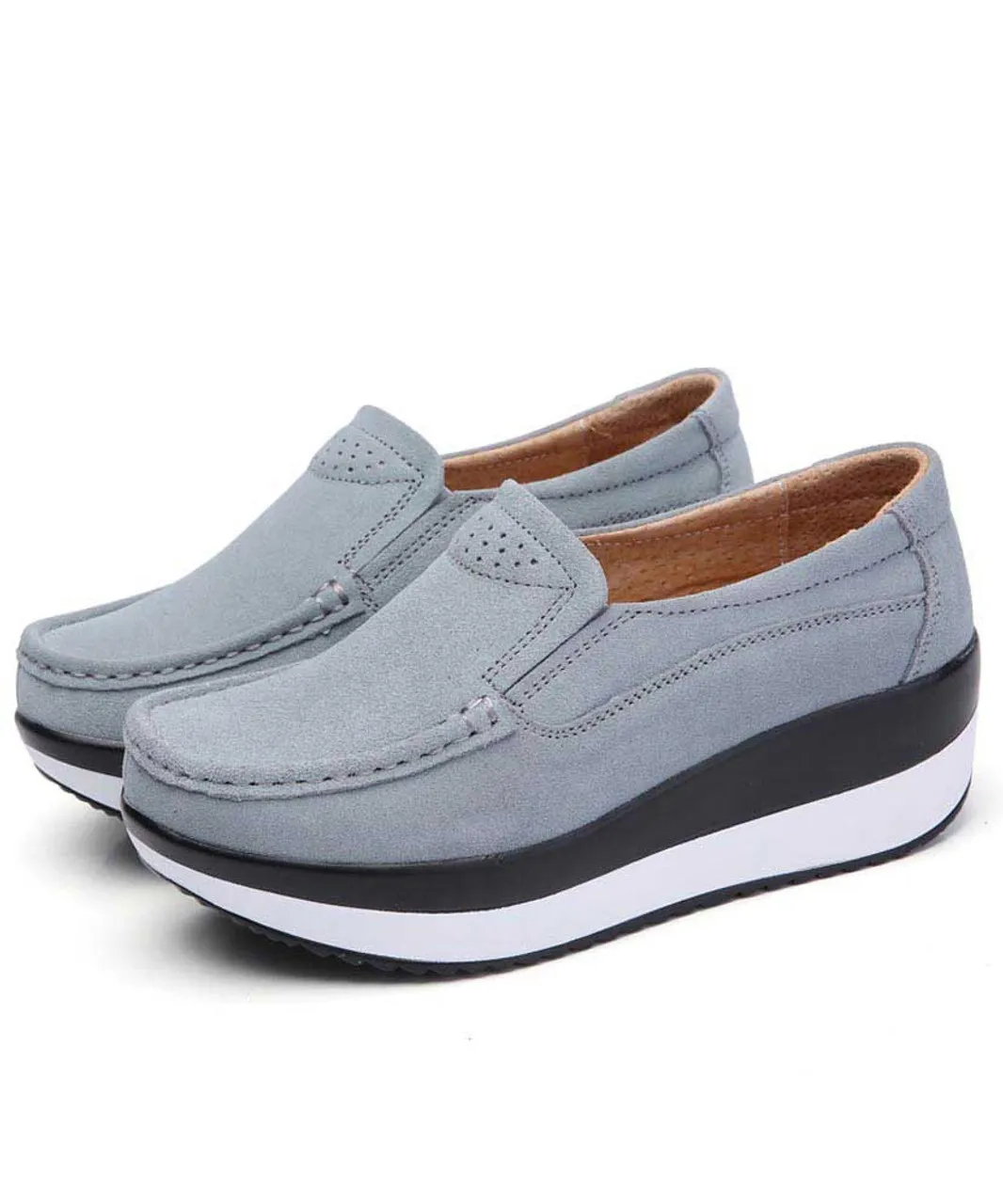 Grey suede slip on rocker bottom shoe sneaker