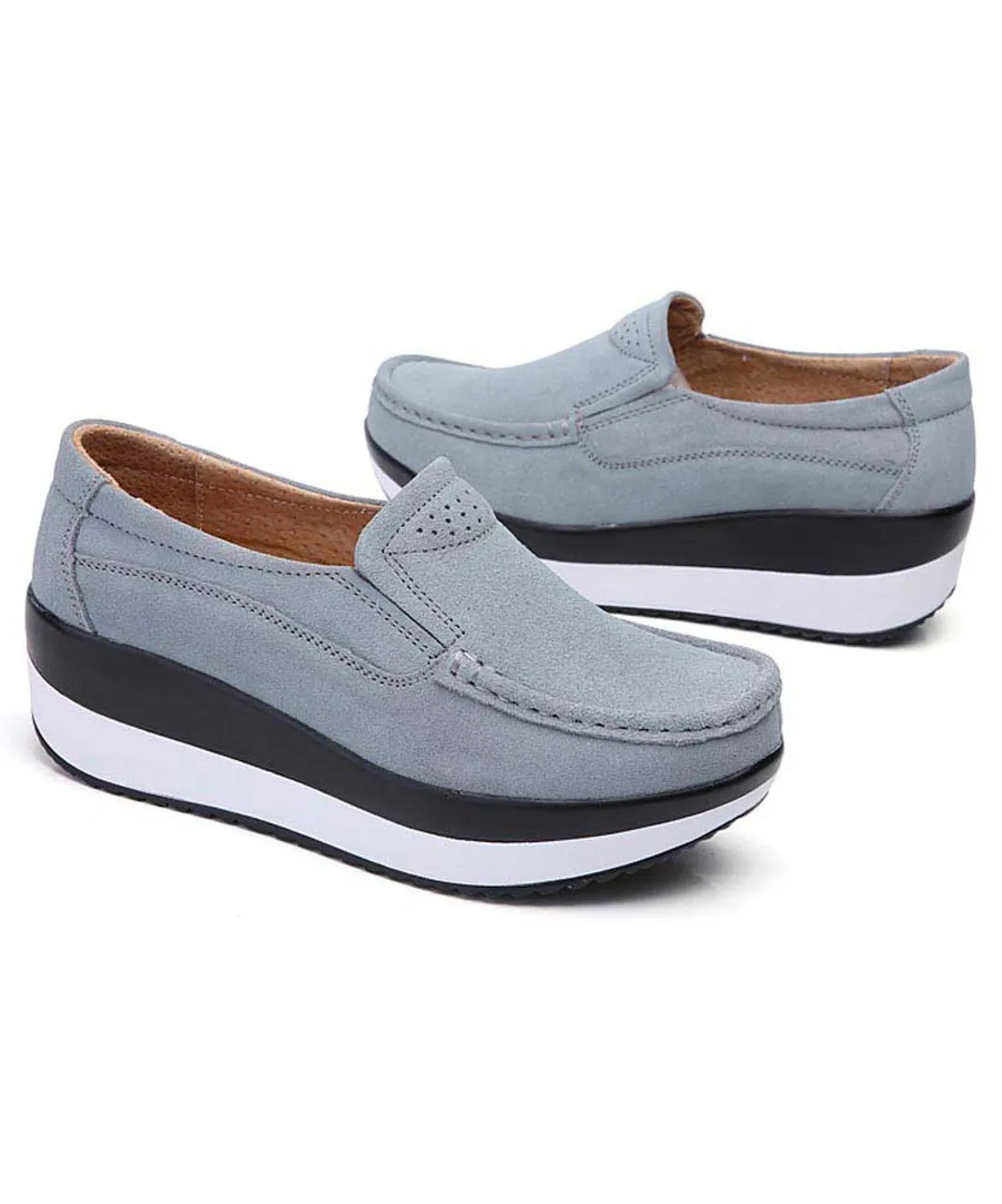 Grey suede slip on rocker bottom shoe sneaker