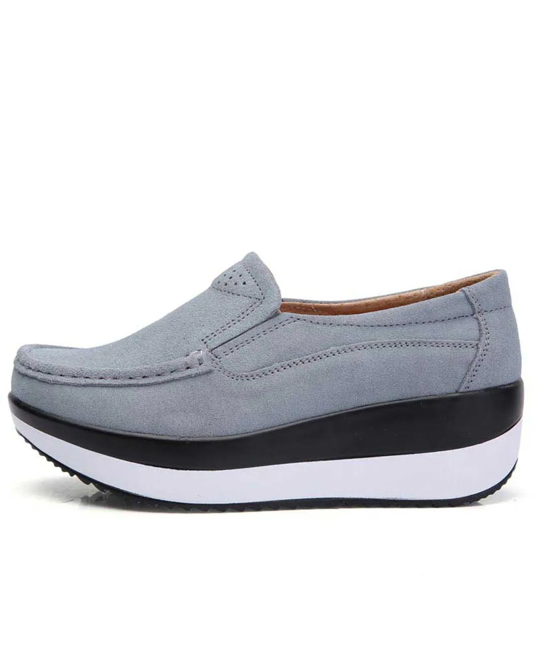 Grey suede slip on rocker bottom shoe sneaker