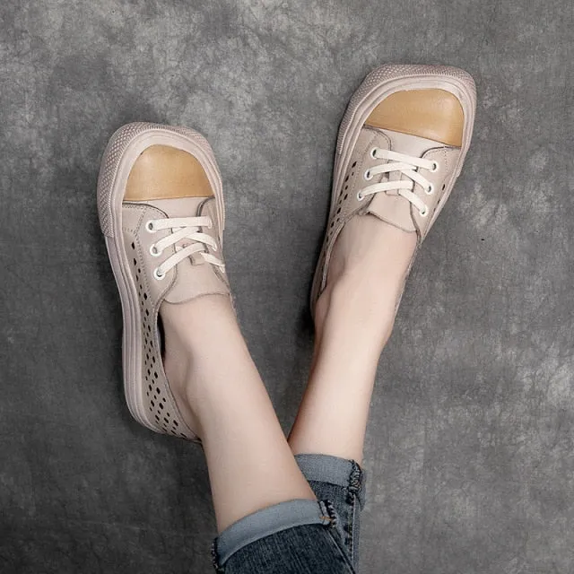 Handmade Women's Genuine Leather Lace-up Hollow Flats Sneakers Shoes