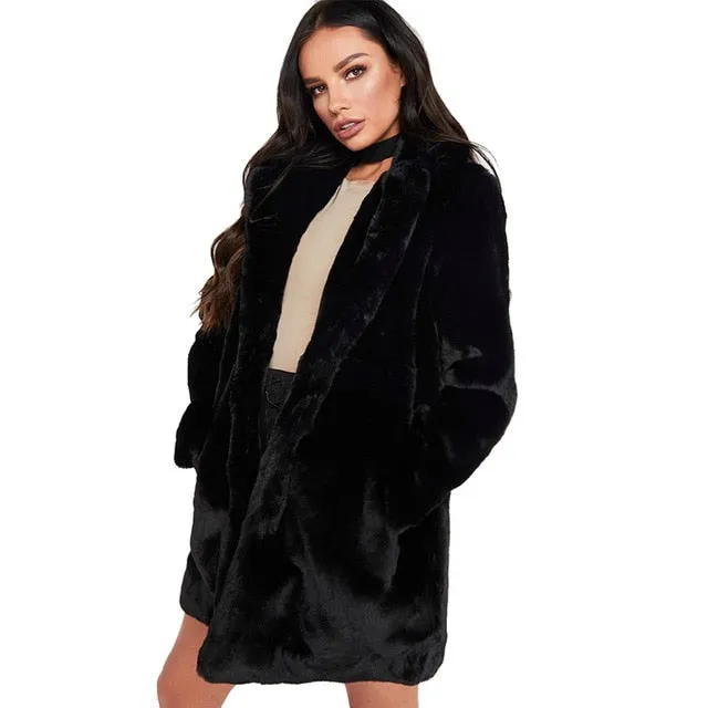 HCYO Autumn Winter Women Fur Coat Plus Size 3XL Covered Button Furry Faux Fur Coats Women's Long Loose Soft Rabbit Fur Overcoat