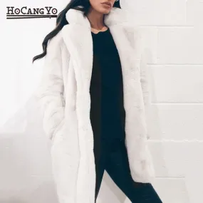 HCYO Autumn Winter Women Fur Coat Plus Size 3XL Covered Button Furry Faux Fur Coats Women's Long Loose Soft Rabbit Fur Overcoat