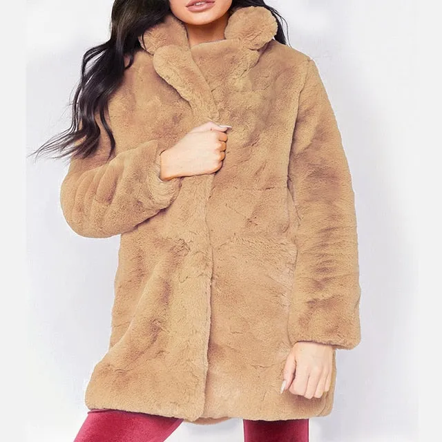 HCYO Autumn Winter Women Fur Coat Plus Size 3XL Covered Button Furry Faux Fur Coats Women's Long Loose Soft Rabbit Fur Overcoat