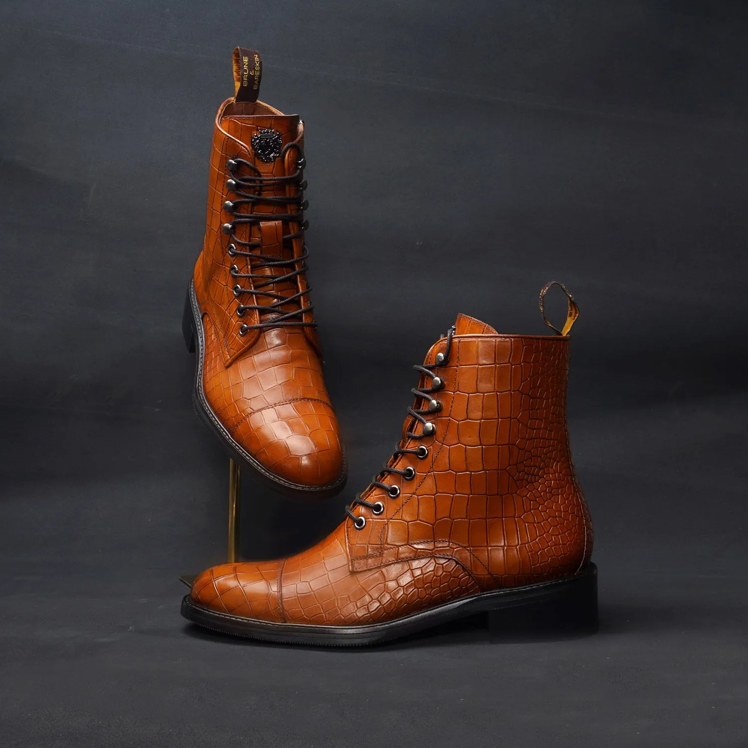 High Ankle Tan Derby Boot with Cap Toe in Croco Textured Leather