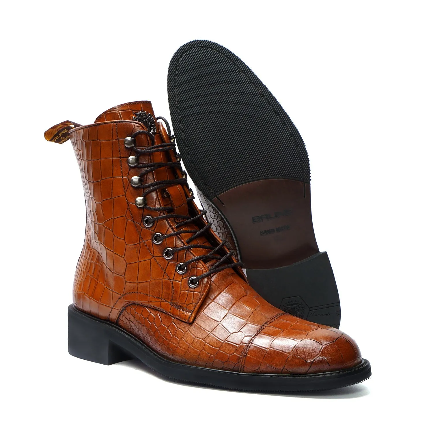 High Ankle Tan Derby Boot with Cap Toe in Croco Textured Leather