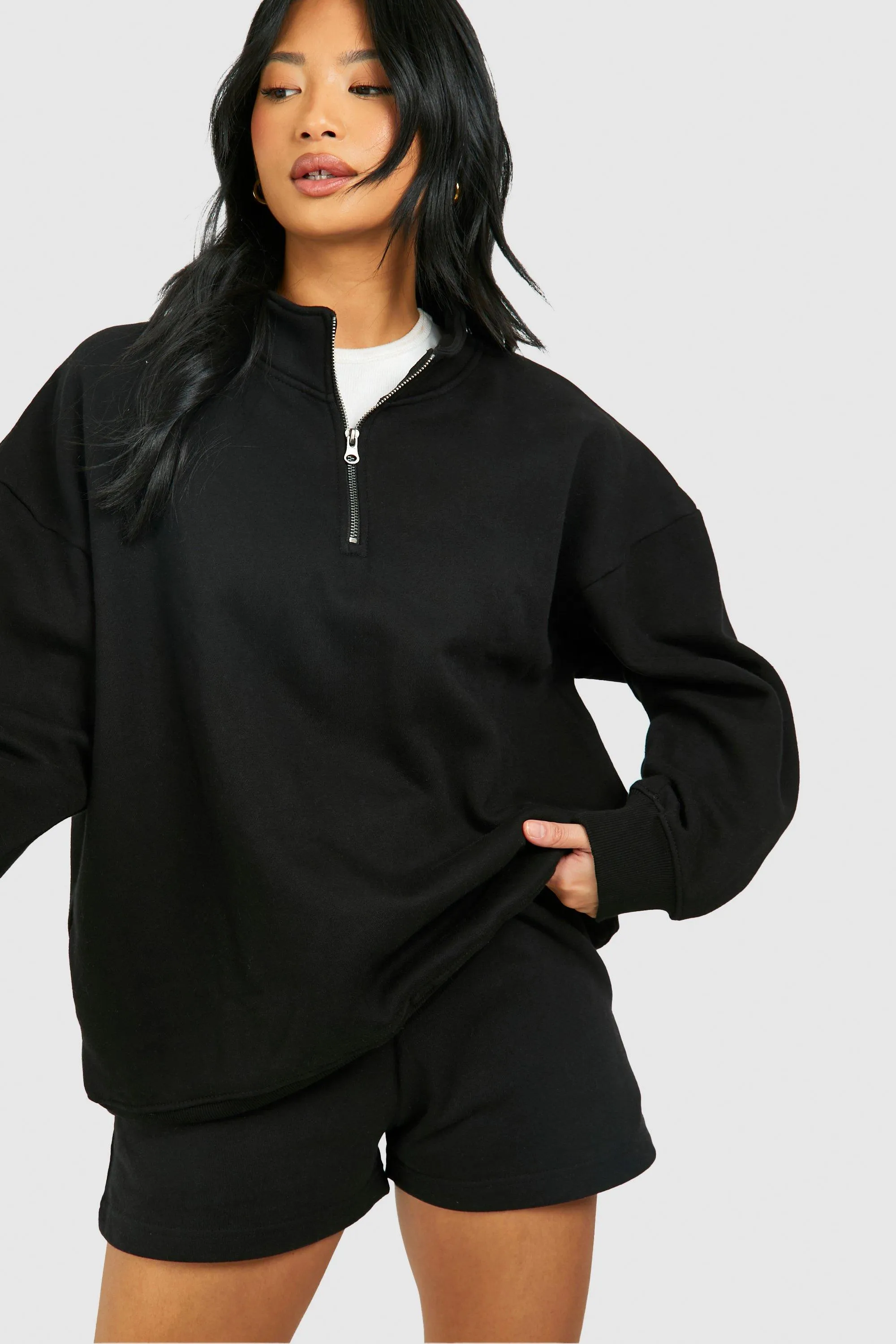 Hoodies & Sweatshirts | Petite Basic Oversized Half Zip Sweatshirt | boohoo