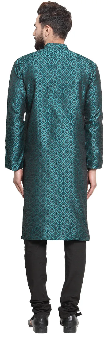 Jacquard Silk Men's Kurta Pyjama Evening Wear India Apparel (Turquoise)